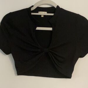 Love J Short Sleeve Crop Top w/Front Twist Detail, Size S, Black